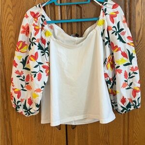 Boston Proper White Blouse with Vibrant Floral Sleeves